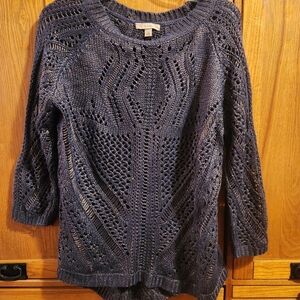 Navy Blue & Gold Crew Neck Sweater with Intricate Open Knit and Relaxed Fit (L)